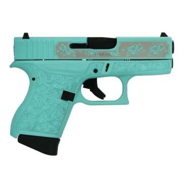 Glock G43 Gen 4 Custom Robin’s Egg Blue Glock & Roses Subcompact 9mm 3.41″ 6rds, Robin’s Egg Blue