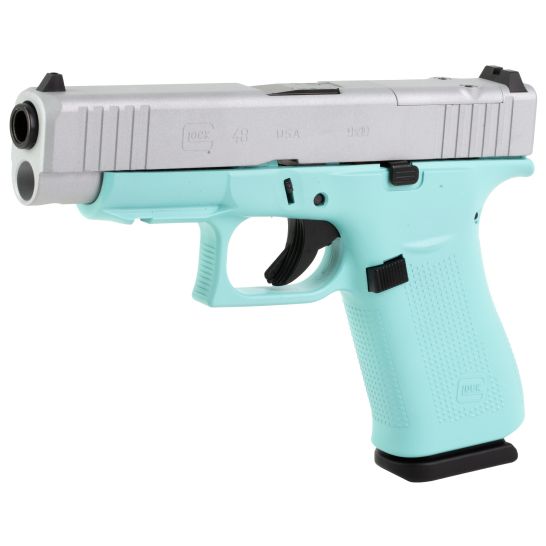 Glock 48 9mm Pistol, 4.17" Barrel, Fixed Sights, Robins Egg Blue, Silver - UA4850204FRMOSREBCS